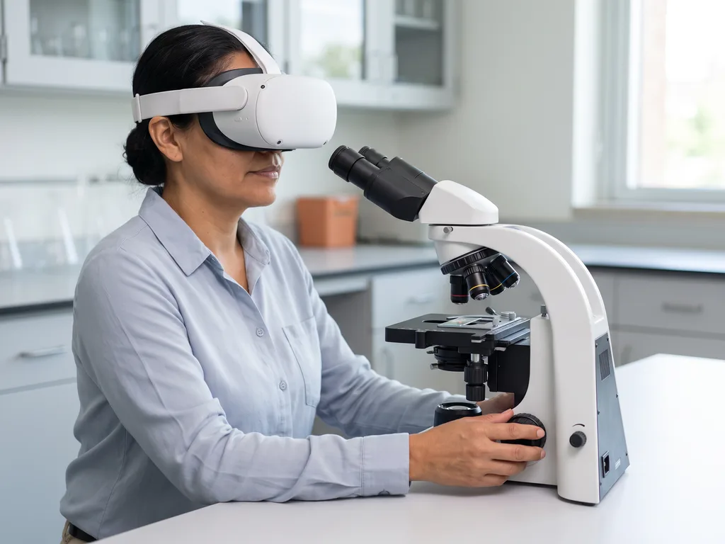 Ilustración generada con IA. Participante con visor de realidad virtual blanco enfoca un microscopio binocular en un laboratorio.