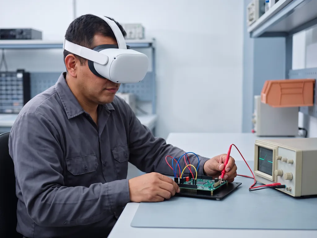 Ilustración generada con IA. Participante con visor de realidad virtual blanco conecta cables en una placa de circuitos junto a un instrumento de medición.