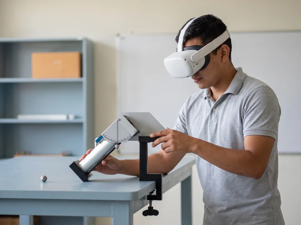 Ilustración generada con IA. Participante con visor de realidad virtual blanco ajusta un lanzador de proyectiles sujeto a la mesa de un laboratorio de física.