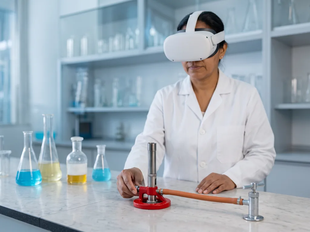 Ilustración generada con IA. Participante con visor de realidad virtual blanco y bata regula un mechero de laboratorio apagado sobre un mesón de química.