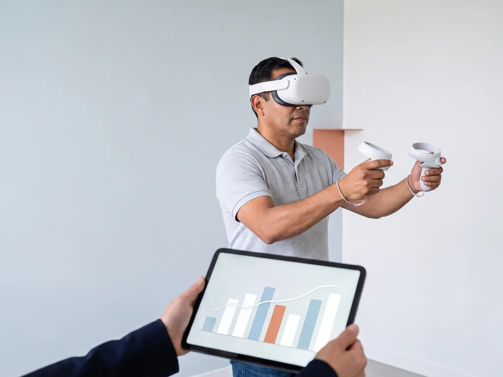 Ilustración generada con IA. Unas manos sostienen una tableta con una gráfica de resultados; detrás, un participante con visor de realidad virtual blanco sujeta dos mandos.