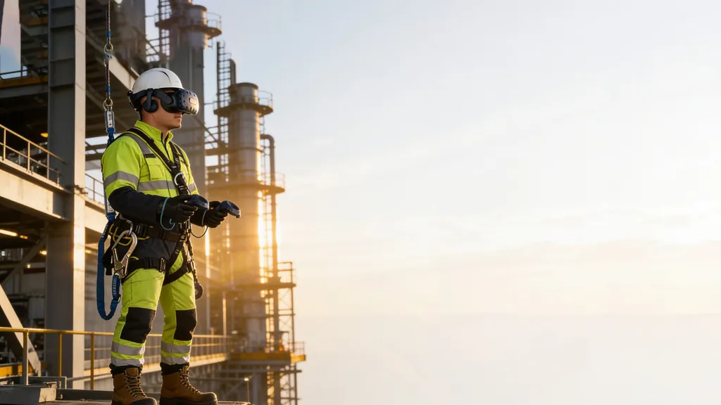 Ilustración generada con IA. Participante con casco, visor de realidad virtual, mandos y arnés practica trabajo en alturas sobre una estructura de planta industrial.