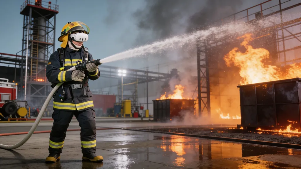 Ilustración generada con IA. Bombero con visor de realidad virtual dirige la manguera contra un frente de fuego en un patio industrial.