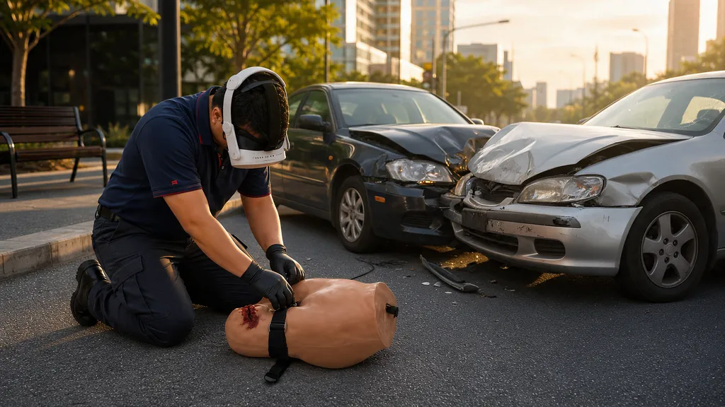 Ilustración generada con IA. Participante con visor de realidad virtual y guantes aplica un torniquete en la pierna de un maniquí junto a dos carros chocados.