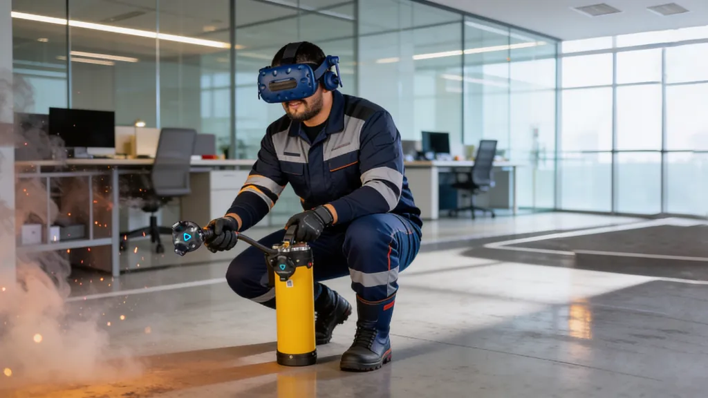 Ilustración generada con IA. Participante con visor de realidad virtual descarga un extintor frente a un conato de incendio.