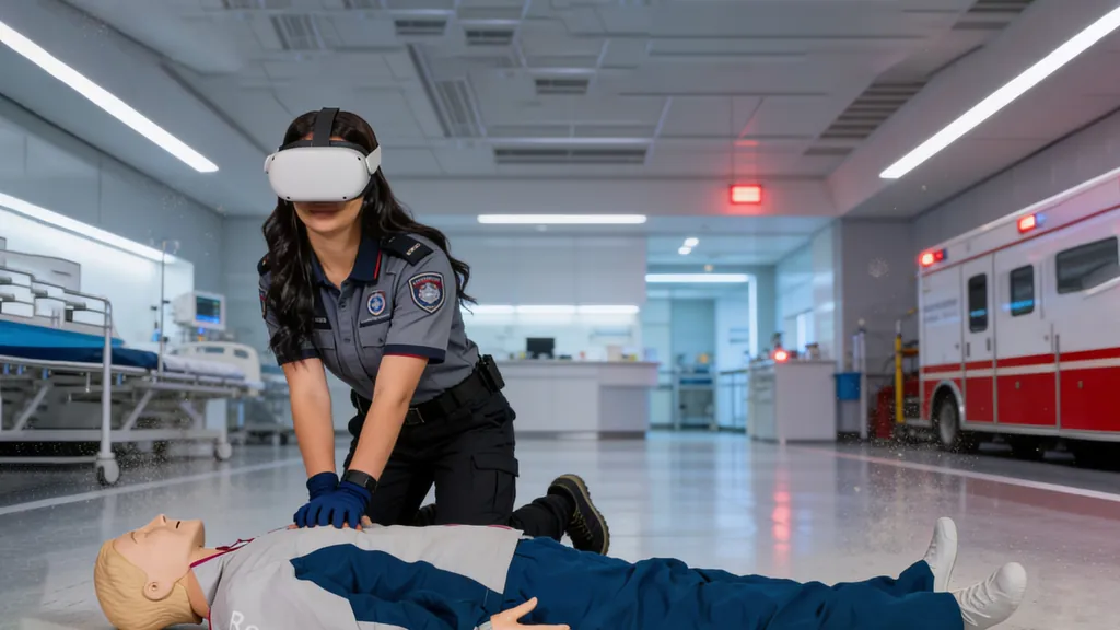 Ilustración generada con IA. Participante con visor de realidad virtual hace compresiones torácicas sobre un maniquí en el pasillo de un hospital, con una ambulancia al fondo.